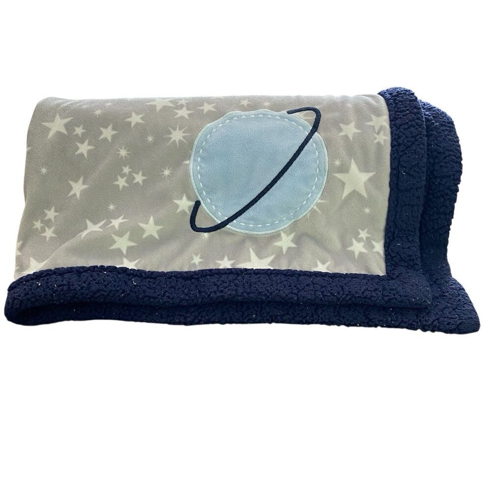 Lambs & Ivy Milky Way Baby Blanket Gray Blue Stars Minky Faux Shearling Space